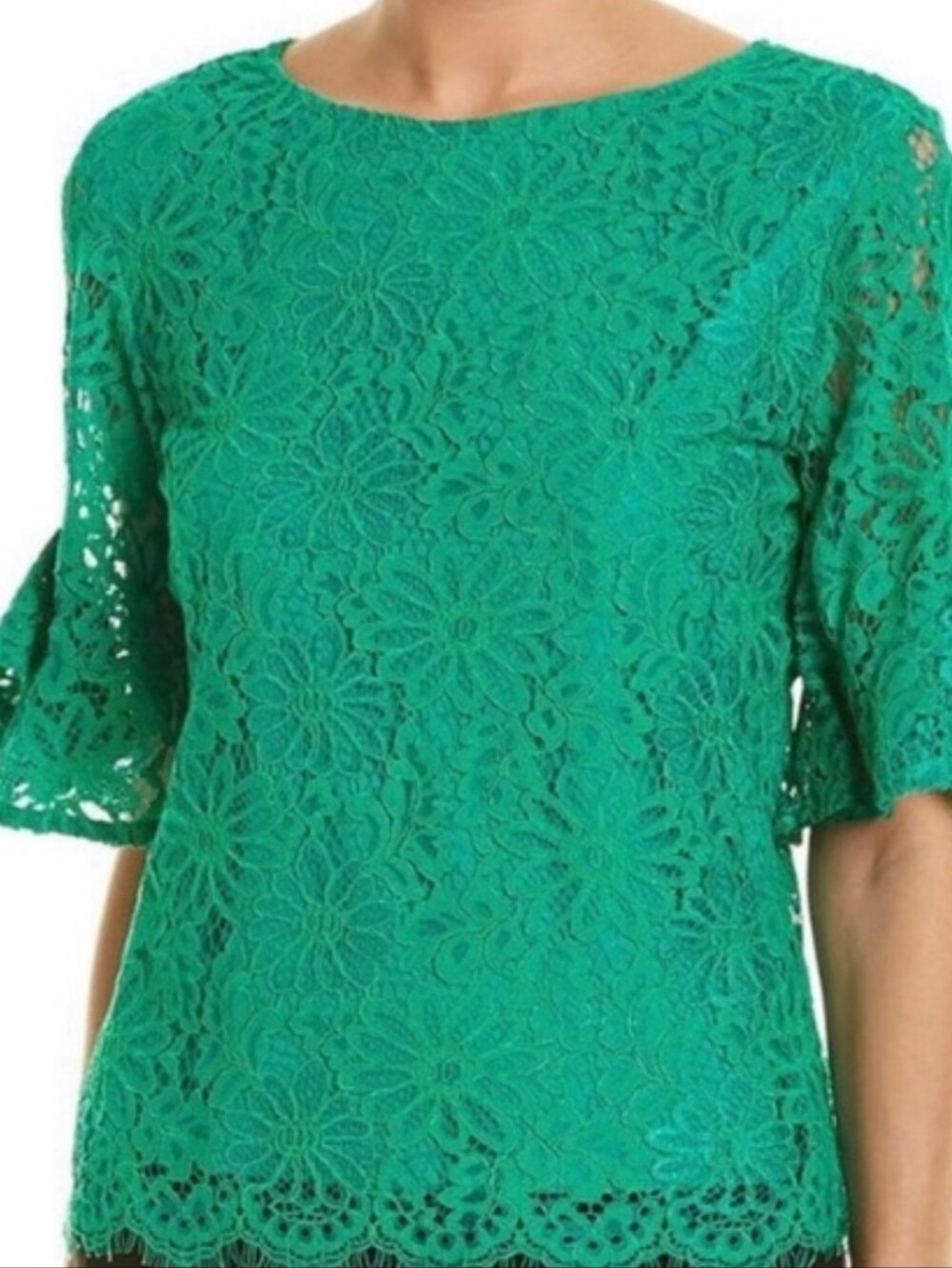Nanette Lepore Hidden Meadow Lace Top Kelly Green Round Neck Bell Sleeves Sz LG